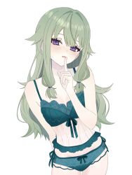 1girl arm_behind_back babydoll bare_arms bare_shoulders blush bow bow_bra bra breasts cleavage collarbone commentary cowboy_shot eyelashes finger_to_mouth frills green_bra green_hair green_panties groin hair_between_eyes hair_flaps hand_up highres index_finger_raised kusanagi_nene lace lace-trimmed_bra lace-trimmed_panties lace_trim lingerie long_hair looking_at_viewer low-tied_sidelocks panties parted_lips project_sekai purple_eyes rea_0523 see-through_babydoll see-through_clothes sidelocks simple_background small_breasts solo symbol-only_commentary thighs underwear underwear_only white_background