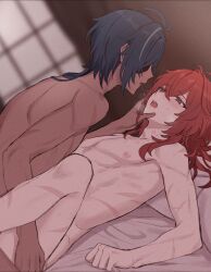 2boys abs after_kiss blue_hair completely_nude dark-skinned_male dark_skin diluc_(genshin_impact) eyepatch gay genshin_impact hair_between_eyes kaeya_(genshin_impact) kn_(akairo0530) long_hair male_focus multiple_boys muscular muscular_male nipples nude red_eyes red_hair saliva scar scar_on_arm yaoi