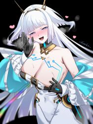 1girl black_gloves blue_jacket blush bodysuit breasts cleavage eudie_(shadowverse) gloves heart heart-shaped_pupils heart_in_eye highres jacket large_breasts leotard long_hair looking_at_viewer open_clothes open_mouth sanzakasun shadowverse shadowverse:_worlds_beyond simple_background solo symbol-shaped_pupils symbol_in_eye torn_clothes torn_leotard very_long_hair white_bodysuit white_hair