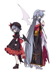 2girls ascot back-to-back bat_wings black_coat black_dress black_hat black_shirt black_shoes black_skirt black_wings blue_hair clenched_hand closed_mouth coat commentary_request dress dual_persona epaulettes from_side full_body hat head_wings height highres hua88331 long_hair mob_cap multiple_girls pointy_ears red_ascot remilia_scarlet remilia_scarlet_(modern-day_makai&#039;s_charismatic_mistress) remilia_scarlet_(tiny_devil_mistress) shirt shoes short_hair simple_background skirt standing tearing_up touhou touhou_lostword very_long_hair white_background white_dress white_shoes white_wings wings wrist_cuffs