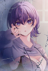 Rule 34 | 1girl, aegyo sal, alternate hairstyle, arm at side, asahina mafuyu, black bra, black nails, bra, breasts, cleavage, clothes writing, commentary request, crack, cropped hoodie, drawstring, earrings, english text, hair between eyes, hand up, highres, hood, hood down, hoodie, hoop earrings, jewelry, large breasts, long sleeves, looking at viewer, nhrg806, parted lips, project sekai, purple eyes, purple hair, short hair, sleeves past wrists, solo, twitter username, underwear, upper body, window, wolf cut