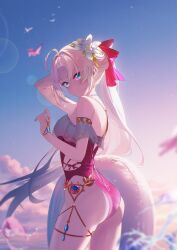 1girl absurdres ahoge aqua_eyes ass back_cutout bare_shoulders blurry blurry_foreground bow breasts carlotta_(splashing_summer)_(wuthering_waves) carlotta_(wuthering_waves) casual_one-piece_swimsuit clothing_cutout cloud cloudy_sky commentary cowboy_shot dawn frilled_one-piece_swimsuit frills hair_bow highres holding holding_swim_ring innertube jiang_ye_kiri long_hair looking_at_viewer medium_breasts ocean official_alternate_costume one-piece_swimsuit outdoors parted_bangs parted_lips pink_bow pink_one-piece_swimsuit sky smile solo swim_ring swimsuit tacet_mark_(wuthering_waves) very_long_hair white_hair wuthering_waves