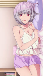 1girl archived_source bedroom breasts camisole cleavage collarbone cowboy_shot frilled_camisole frills game_cg gridman_universe highres indoors large_breasts looking_at_viewer lying midriff_peek navel official_art on_bed on_side open_mouth pillow pink_hair pov_across_bed purple_shorts red_eyes shinjou_akane short_hair shorts smile solo ssss.gridman third-party_source white_camisole
