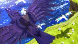 1boy amethio_(pokemon) bird blurry cliff commentary_request copituji corviknight day dubwool from_above gen_3_pokemon gen_8_pokemon highres male_focus nintendo outdoors pants pokemon pokemon_(anime) pokemon_(creature) pokemon_horizons riding riding_pokemon shirt shoes short_hair sitting water wingull wooloo
