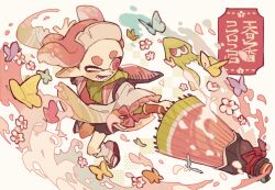 1girl black_shoes black_skirt bow bug butterfly commentary_request floating_hair flower frilled_sleeves frills full_body green_shirt highres holding holding_weapon ink_tank_(splatoon) inkling inkling_girl inkling_player_character insect jacket long_pointy_ears long_sleeves nintendo okobo one_eye_closed open_clothes open_jacket open_mouth p0m4_p0m4 pink_bow pink_eyes pink_hair platform_sandals pointy_ears recycled_brella_24_(splatoon) sandals shirt shoes short_hair skirt sleeve_bow smile solo splatoon_(series) squid tabi tentacle_hair thick_eyebrows umbrella_gun weapon white_jacket wide_sleeves