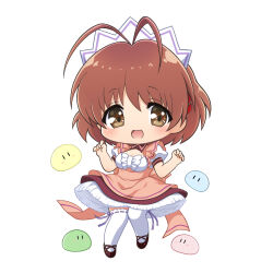 Rule 34 | 1girl, antenna hair, brown eyes, brown hair, chibi, clannad, dango daikazoku, dress, full body, furukawa nagisa, highres, ikeda jun (aquaqua), maid headdress, pink dress, puffy short sleeves, puffy sleeves, short hair, short sleeves, simple background, smile, thighhighs, waitress, white background, white thighhighs