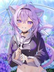 Rule 34 | 1girl, after rain, ahoge, animal collar, animal ear fluff, animal ears, black collar, blurry, blurry background, buttons, cat ears, cat girl, cat tail, collar, commentary request, cropped shirt, crossed bangs, day, double-breasted, double-parted bangs, flower, grin, hair between eyes, highres, holding, holding umbrella, hololive, long sleeves, looking at viewer, messy hair, midriff, navel, neckerchief, nekomata okayu, nekomata okayu (casual), official alternate costume, outdoors, purple eyes, purple hair, purple shirt, sailor collar, sailor shirt, shirt, sleeve cuffs, smile, solo, straight-on, tail, torakichi 888, umbrella, upper body, virtual youtuber, white neckerchief, white sailor collar