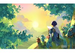 Rule 34 | 1boy, aranara (genshin impact), ararycan (genshin impact), artist name, black shorts, blue cape, blue hat, blue sleeves, blunt ends, border, brotato chibs, cape, cloud, cloudy sky, creature, from behind, furisode, genshin impact, gold, hat, highres, horizon, japanese clothes, jingasa, kimono, letterboxed, male focus, mandala, multicolored hair, on tree, outdoors, purple hair, scaramouche (genshin impact), shorts, sitting on branch, sky, streaked hair, sun, sunset, tassel, tree, unworn hat, unworn headwear, wanderer (genshin impact), white border, white hair, white kimono, white sleeves, yellow sky