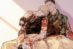 Rule 34 | 2boys, arm around shoulder, bandaged arm, bandages, black gloves, black vest, blanket, blood, blood on arm, blood on clothes, blood splatter, bloody bandages, breast pocket, brown hair, bulletproof vest, chris redfield, closed eyes, closed mouth, glove cutout, gloves, green vest, head on another&#039;s shoulder, head rest, highres, injury, jianghesongmu, layered clothes, leon s. kennedy, male focus, multiple boys, parted lips, pocket, resident evil, resident evil 2, shirt, short hair, sitting, sleeping, vest, white shirt