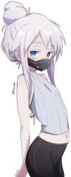 1girl artist_name bare_shoulders blue_eyes blush deux_murasame flat_chest grey_hair gundam gundam_gquuuuuux highres kumasun long_hair looking_at_viewer mask mouth_mask simple_background solo twitter_username updo white_background