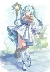 1girl absurdres adapted_costume aqua_hair aqua_nails belt blue_belt boots brown_scarf bush commentary_request contemporary dress faruzan_(genshin_impact) floating_hair full_body fur-trimmed_boots fur_trim genshin_impact green_eyes hair_between_eyes hair_ornament highres knee_boots lamppost long_hair long_sleeves looking_at_viewer neneneneko pleated_dress pom_pom_(clothes) scarf shadow sidelocks single_hair_intake solo standing standing_on_one_leg twintails two-sided_dress two-sided_fabric underbust white_boots white_dress