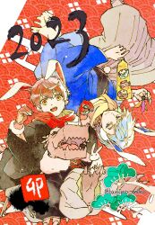 Rule 34 | 2023, animal, animal ears, black haori, black kimono, black sclera, blue eyes, blue hair, blue haori, brown hair, chinese zodiac, colored sclera, fake animal ears, fur-trimmed kimono, fur trim, gloves, grey hakama, hakama, hands up, haori, haori himo, happy new year, head spikes, highres, horns, japanese clothes, khun aguero agnis, kimono, light smile, lizardman, long sleeves, looking at viewer, male focus, new year, open mouth, rabbit, rabbit ears, rabbit tail, rak wraithraiser, red eyes, red gloves, red kimono, red scarf, reptile boy, sandals, scarf, short hair, simple background, smile, tail, tanino miho, teeth, tower of god, twenty-fifth bam, year of the rabbit, yellow eyes, yellow scarf
