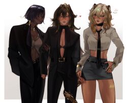 3girls absurdres animal_ears belt black_belt black_choker black_hair black_jacket black_nails blonde_hair blue_eyes blue_hair breasts candace_(genshin_impact) choker dark-skinned_female dark_skin dehya_(genshin_impact) eye_of_horus genshin_impact glasses hair_between_eyes heart highres jacket jaguar_ears jaguar_girl jaguar_tail jewelry lart_art1 long_hair looking_at_viewer midriff multicolored_hair multiple_girls red_lips red_nails ring shorts sparkle tail white_jacket xilonen_(genshin_impact)