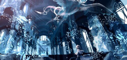 1girl bird black_eyes black_skirt brown_hair chandelier child closed_mouth commentary_request day en_(enxxx) full_body hallway indoors long_sleeves miniskirt original pleated_skirt shirt short_hair skirt solo water white_shirt wide_shot window