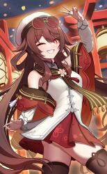 Rule 34 | 1girl, armpit peek, bare shoulders, black coat, black thighhighs, braid, brown hair, coat, cowboy shot, detached sleeves, dress, flower, flower-shaped pupils, genshin impact, hat, highres, hu tao (cherries snow-laden) (genshin impact), hu tao (genshin impact), lamp, lamppost, light blush, long hair, looking at viewer, night, night sky, no panties, official alternate costume, one eye closed, outdoors, red eyes, red goggles, red skirt, ru wan chi, salute, short dress, skirt, sky, sleeveless, sleeveless dress, smiley face, solo, symbol-shaped pupils, thighhighs, thighs, twin braids, twintails, two-finger salute, white dress, white flower, white hat, white sleeves