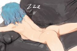 1girl ass berserk blue_hair breasts butterchalk commentary completely_nude couch isma loli lying median_furrow medium_breasts medium_hair nude on_couch on_stomach pussy pussy_peek sleeping solo zzz