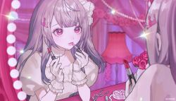 1girl choker copyright_notice cosmetics cross-laced_clothes cross-laced_top frilled_gloves frills gloves grey_hair hair_ornament hairclip hands_up highres holding holding_lipstick_tube hololive hololive_dev_is humhumnko indoors isaki_riona lipstick_tube long_hair looking_at_mirror mirror official_art one_side_up puffy_short_sleeves puffy_sleeves red_eyes reflection reflection_focus shirt short_sleeves sidelocks solo upper_body virtual_youtuber white_choker white_gloves white_shirt