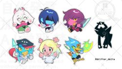 2boys 2others 3girls animal_ears antlers armor artist_name axe beak berdly_(dark_world)_(deltarune) bird_boy black_eyes black_hat blonde_hair blue_hair blue_skin chibi chibi_only closed_eyes colored_sclera colored_skin commentary_request deer_antlers deer_ears deer_girl deltarune drifter_delta fangs fins fish_girl furry furry_male goat_boy goat_ears goat_horns green_robe green_sclera hair_over_eyes hat head_fins heart holding holding_axe holding_polearm holding_weapon horns kris_(dark_world)_(deltarune) kris_(deltarune) multiple_boys multiple_girls multiple_others open_mouth pants pink_horns pink_scarf polearm purple_hair purple_pants purple_skin ralsei reptile_girl roaring_knight robe scarf short_hair smile spear susie_(dark_world)_(deltarune) susie_(deltarune) undyne watermark weapon white_fur white_robe yellow_sclera