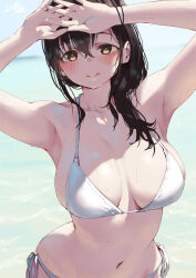 1girl :q armpits aya_(jonsun) beach bikini black_hair breasts closed_mouth commentary_request jonsun large_breasts looking_at_viewer medium_hair navel ocean original outdoors smile solo swimsuit tongue tongue_out wet white_bikini