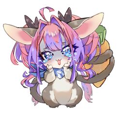 :3 :d animal animalization bandana bandana_around_neck blue_bandana blue_eyes body_fur carrot commentary_request crying curly_hair double-parted_bangs facing_viewer hair_ribbon hands_on_own_face highres hololive jiru-kun_(usada_pekora) kikirara_vivi large_ears looking_at_viewer monlemont_mon multicolored_hair open_mouth pink_hair ribbon senegal_bushbaby simple_background smile streaked_hair tail tail_wrap tearing_up two-tone_fur virtual_youtuber white_background
