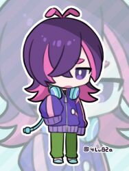 Rule 34 | 1girl, antenna hair, bright pupils, chibi, chibi only, dot (pokemon), green pants, green shoes, headphones, highres, jacket, long hair, long sleeves, looking at viewer, multicolored hair, nintendo, open mouth, outline, pants, pink hair, pokemon, pokemon (anime), pokemon horizons, purple eyes, purple hair, purple jacket, sanjou!! (4lu82a), shoes, sleeves past fingers, sleeves past wrists, solo, standing, two-tone hair, zipper pull tab, zoom layer