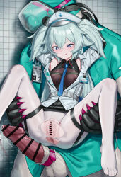 1girl absurdres bar_censor bdsm bear bestiality blue_eyes blue_hair blue_necktie breasts censored commentary erection florence_(girls&#039;_frontline_2) gag_harness girls&#039;_frontline hat highres huge_penis kuro_(zhurunbo1997) lifting_person looking_at_penis necktie nurse nurse_cap pa-15_(girls&#039;_frontline) pantyhose penis pussy small_breasts spread_pussy spread_pussy_under_clothes thigh_strap thighhighs torn_clothes torn_pantyhose white_thighhighs