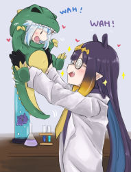 Rule 34 | aoi (aoisaka), blunt bangs, coke-bottle glasses, cosplay, costume, gawr gura, glasses, godzilla, godzilla (cosplay), godzilla (series), highres, hololive, hololive english, lab coat, long hair, multicolored hair, multiple girls, ninomae ina&#039;nis, open mouth, pointy ears, purple hair, smile, takodachi (ninomae ina&#039;nis), tentacle hair, test tube, toho, virtual youtuber