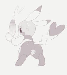 1girl animal_focus animal_sexualization ass bare_shoulders bestiality cleft_of_venus closed_mouth clothed_pokemon clothing_cutout cosplay_pikachu covered_anus crop_top cum cum_on_clothes disembodied_penis ejaculation erection from_behind full_body gen_1_pokemon grey_background greyscale hands_up happy kekitopu leaning_forward leggings looking_at_viewer looking_back luchador_mask monochrome nintendo penis pikachu pikachu_libre pokemon pokemon_(creature) profile projectile_cum pussy shirt simple_background sketch sleeveless sleeveless_shirt smile solo_focus standing tail tail_through_clothes testicles torn_clothes torn_leggings veins veiny_penis