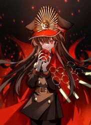 1girl absurdres belt black_background black_belt black_hair black_hat black_jacket commentary_request cowboy_shot embers fate/grand_order fate_(series) food fruit gloves hat highres holding holding_food holding_fruit jacket long_hair long_sleeves looking_at_viewer oda_nobunaga_(fate) oda_nobunaga_(koha-ace) oda_uri peaked_cap red_eyes smile solo white_gloves xixing_chun