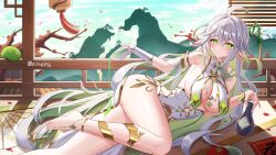 1girl absurdres aged_up ahoge alternate_costume artist_name ass bare_shoulders barefoot blue_eyes blush body_markings bowl breast_curtains breasts china_dress chinese_clothes chinese_commentary cleavage closed_mouth commentary_request cup dendro_slime_(genshin_impact) dendro_symbol_(genshin_impact) dress foot_out_of_frame genshin_impact gloves gold_trim gradient_hair green_eyes green_hair highres holding holding_bowl holding_cup jewelry jndfh large_breasts long_hair looking_at_viewer lying multicolored_hair on_side paid_reward_available pointy_ears pouring pouring_onto_self rukkhadevata_(genshin_impact) sakazuki sky slime_(genshin_impact) smile solo symbol-shaped_pupils thighs tokkuri very_long_hair white_dress white_gloves white_hair