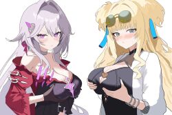 2boys 2girls aquamarine725 black_dress black_gloves blonde_hair blue_eyes blush bracelet breasts bright_pupils choker cleavage cleavage_cutout closed_mouth clothing_cutout dress eyewear_on_head glasses gloves grabbing_own_breast grey_choker grey_hair highres honkai_(series) honkai_impact_3rd jacket jewelry large_breasts long_hair looking_at_viewer multiple_boys multiple_girls next_time_you&#039;re_getting_this_(meme) pince-nez pink_eyes red_dress simple_background songque songque_(astralop) thelema_nutriscu thelema_nutriscu_(mad_pleasure:_shadowbringer) upper_body very_long_hair white_background white_jacket white_pupils