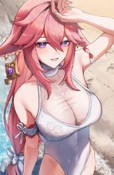 1girl absurdres animal_ears arm_up armband beach breasts cleavage clenched_teeth commentary_request covering_head fox_ears from_above genshin_impact hair_between_eyes hal_aluha highres large_breasts long_hair looking_at_viewer low-tied_long_hair nail_polish one-piece_swimsuit open_mouth pink_hair pink_nails purple_eyes solo swimsuit teeth white_one-piece_swimsuit yae_miko