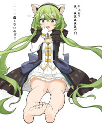 1girl absurdres animal_ears barefoot black_coat black_hairband blonde_hair blush coat commentary_request dress fake_animal_ears feet full_body gloves green_eyes green_hair hair_between_eyes hair_ornament hairband hat_ornament highres long_hair long_sleeves looking_at_viewer low_twintails mahjong_soul multicolored_hair negetsu open_clothes open_coat open_mouth red_panda_ears simple_background soles solo star_(symbol) star_hair_ornament star_hat_ornament streaked_hair translation_request twintails very_long_hair white_background white_dress white_gloves yuzu_(mahjong_soul)