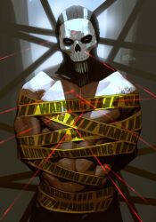 1boy abs arm_tattoo bara bound call_of_duty call_of_duty:_modern_warfare_2 ghost_(modern_warfare_2) highres masked muscular muscular_male pectorals ribbon ribbon_bondage tattoo voidbringerr