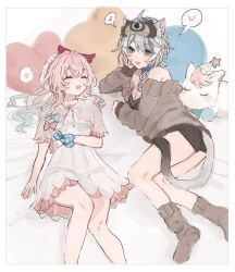 2girls :d animal_ears blue_eyes breasts brown_socks cat_ears cat_girl cat_tail cipher_(honkai:_star_rail) cipher_(sweet_slumber)_(honkai:_star_rail) cleavage closed_eyes grey_hair heart heart-shaped_pillow highres honkai:_star_rail honkai_(series) hyacine_(honkai:_star_rail) hyacine_(sweet_slumber)_(honkai:_star_rail) little_ica_(honkai:_star_rail) lying mask mask_on_head multicolored_hair multiple_girls musical_note on_back on_bed on_side open_mouth pillow pink_hair rekka_shinai scrunchie sleep_mask sleepwear smile socks spoken_expression spoken_heart spoken_musical_note tail two-tone_hair wrist_scrunchie