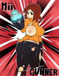 1girl arm_cannon black_background black_eyes black_gloves black_pantyhose breasts brown_hair character_name cleft_of_venus closed_mouth covered_erect_nipples cropped_legs emphasis_lines endless_inferno expressionless eyelashes gloves glowing highres large_breasts long_sleeves medium_hair mii_(nintendo) mii_gunner navel nintendo nipples orange_sweater outline pantyhose pussy red_background solid_eyes solo super_smash_bros. sweat sweater thighs torn_clothes torn_pantyhose torn_sweater turtleneck turtleneck_sweater victory_pose weapon white_background white_outline