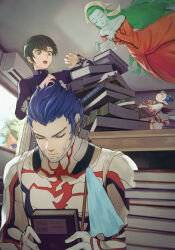 amanozako_(megami_tensei) aogami_(megami_tensei) asymmetrical_hair black_hair blue_hair bodysuit book bowl_cut demon demon_(megami_tensei) donbee937 duster eyelashes floral_print grey_bodysuit highres holding holding_book library multiple_boys pointy_ears protagonist_(smtv) shin_megami_tensei shin_megami_tensei_v silky_(megami_tensei) spiked_hair tengu