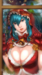 1girl against_window bad_id bad_pixiv_id blue_eyes blue_hair breasts cleavage female_focus gloves highres holly hood huge_breasts league_of_legends matching_hair/eyes mistletoe red_gloves silent_night_sona solo sona_(league_of_legends) supullim window