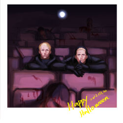 Rule 34 | 2boys, absurdres, baseball bat, black jacket, blonde hair, blood, blood on face, border, commentary request, corpse, dark, dated, expressionless, happy halloween, highres, hood, hood down, indoors, jacket, kogu (nue insideout), looking ahead, male focus, movie projector, movie theater, multiple boys, porco galliard, reiner braun, shingeki no kyojin, white border
