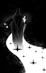 Rule 34 | 2boys, benkdjjituibot, black background, black cloak, black hair, cloak, collared shirt, greyscale, highres, hood, hood up, inverted colors, kim dokja, monochrome, multiple boys, omniscient reader&#039;s viewpoint, path, road, secretive plotter, shirt, sky, sparkle, star (sky), starry sky, white shirt