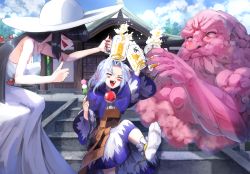 1boy 2girls architecture arms_up beer_mug black_hair blue_hair blue_sky blush_stickers closed_eyes cloud commentary commission crossover cup dango day dress east_asian_architecture feet fingernails food hair_intakes hair_over_eyes hasshaku-sama hat highres holding holding_cup holding_food hood hood_down japanese_urban_legends kesa kumoi_ichirin leg_lift light_blue_hair long_hair mug multiple_girls nail_polish no_shoes open_mouth outdoors pixiv_commission red_nails sanshoku_dango sharp_fingernails sitting sky sleeveless sleeveless_dress soles splashing stairs stone_stairs sun_hat sunnysideup tabi teeth temple thumbs_up touhou unzan upper_teeth_only very_long_hair wagashi white_dress white_headwear white_legwear
