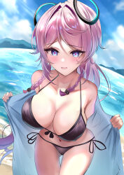 1girl absurdres bare_shoulders bikini black_bikini blue_eyes blue_sky blush braid breasts citlali_(genshin_impact) cloud cloudy_sky collarbone covered_erect_nipples day eitei_(20041204) floating_headgear front-tie_bikini_top front-tie_top genshin_impact hair_intakes headgear highres large_breasts long_hair looking_at_viewer mountainous_horizon navel ocean open_mouth outdoors pink_hair pink_pupils ring_hair_ornament sand sky smile solo stomach swimsuit thighs