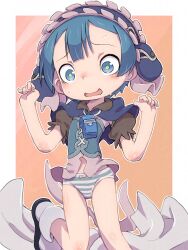 1boy blue_capelet blue_eyes blue_hair blush border bow bow_panties bright_pupils bulge capelet crossdressing embarrassed frilled_hairband frills hairband highres lolita_hairband looking_at_viewer made_in_abyss maid_headdress male_focus maruruk navel no_pants open_mouth orange_background panties pouch puffy_short_sleeves puffy_sleeves shoes short_hair short_sleeves shota solo standing standing_on_one_leg striped_clothes striped_panties sweat sweatdrop trap underwear wavy_mouth whistle whistle_around_neck white_border white_pupils white_shoes ximu_shilang