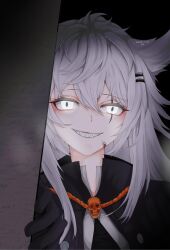 Rule 34 | 1girl, animal ears, arknights, black gloves, blood, blood on face, chinese commentary, commentary request, dark, evil grin, evil smile, gloves, glowing, glowing eyes, grey hair, grin, hair between eyes, hair ornament, hairclip, highres, jewelry, lappland (arknights), lappland (refined horrormare) (arknights), looking at viewer, necklace, scar, scar across eye, scar on face, sharp teeth, skull necklace, smile, solo, teeth, upper body, white eyes, wolf ears, wolf girl, yinzhixiaochaoyangla