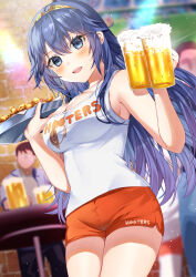 Rule 34 | 1boy, 1girl, 2022, absurdres, alcohol, alternate breast size, alternate costume, bare shoulders, beer, blue eyes, blue hair, blurry, blurry background, blush, breasts, chicken (food), cleavage, commentary request, commission, cowboy shot, cup, dated commentary, dolphin shorts, fire emblem, fire emblem awakening, food, hands up, highres, holding, holding cup, holding tray, hooters, impossible clothes, long hair, looking at viewer, lucina (fire emblem), medium breasts, nintendo, no legwear, open mouth, orange shorts, shirt, short shorts, shorts, skeb commission, sleeveless, sleeveless shirt, smile, solo focus, symbol in eye, teeth, tiara, tray, upper teeth only, w arms, waitress, water drop, white shirt, yam (yamap mako)
