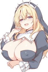 1girl arm_under_breasts artist_name blonde_hair blue_eyes breasts character_request cleavage covered_erect_nipples half-closed_eyes highres large_breasts long_hair looking_at_viewer nun open_mouth solo tongue