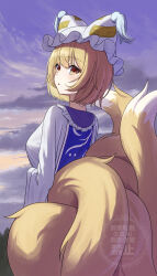 1girl absurdres animal_hat beckody blonde_hair blue_tabard blush breasts cloud commentary fox_tail hat highres kitsune looking_at_viewer mob_cap multiple_tails open_mouth outdoors solo tabard tail touhou watermark yakumo_ran yellow_eyes