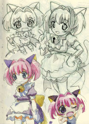 1girl 2000s_(style) absurdres angelic_kitty_miracle-chan animal_ears apron bell blue_eyes blush_stickers cat_ears chibi colinarmis fake_animal_ears hair_intakes highres jingle_bell miracle-chan multiple_views neck_bell pink_hair purple_eyes scan short_twintails sketch traditional_media twintails