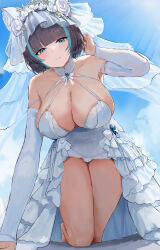 1girl absurdres all_fours aqua_eyes aqua_hair aqua_streaks azur_lane bare_shoulders black_hair blue_flower blush breasts bridal_gauntlets bridal_veil cheshire_(azur_lane) cheshire_(white_seaside_melody)_(azur_lane) cleavage closed_mouth covered_navel day dress flower frilled_dress frills highres huge_breasts large_breasts looking_at_viewer multicolored_hair official_alternate_costume outdoors showgirl_skirt sky smile solo streaked_hair suo_bu_ye_feng thighs tiara two-tone_hair veil white_bridal_gauntlets white_dress white_veil