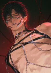 1boy absurdres belt_collar black_hair blush chain collar fang green_eyes highres lips looking_at_viewer love_and_deepspace male_focus medium_hair muzzle_(mask) nose open_mouth red_background solo sweat tattoo teeth veins wengwengchim wolf_cut zayne_(love_and_deepspace)